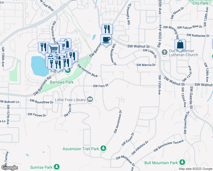 map of restaurants, bars, coffee shops, grocery stores, and more near Southwest Fern Street in Tigard