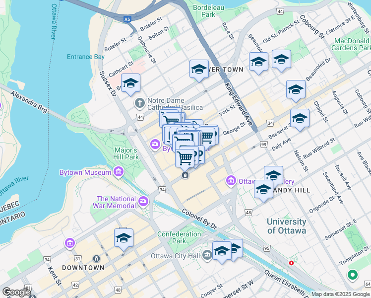 map of restaurants, bars, coffee shops, grocery stores, and more near in Ottawa