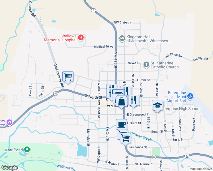 map of restaurants, bars, coffee shops, grocery stores, and more near 302 Northeast 2nd Street in Enterprise
