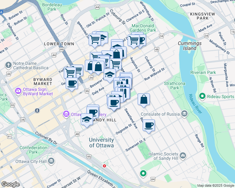 map of restaurants, bars, coffee shops, grocery stores, and more near 305 Wilbrod Street in Ottawa