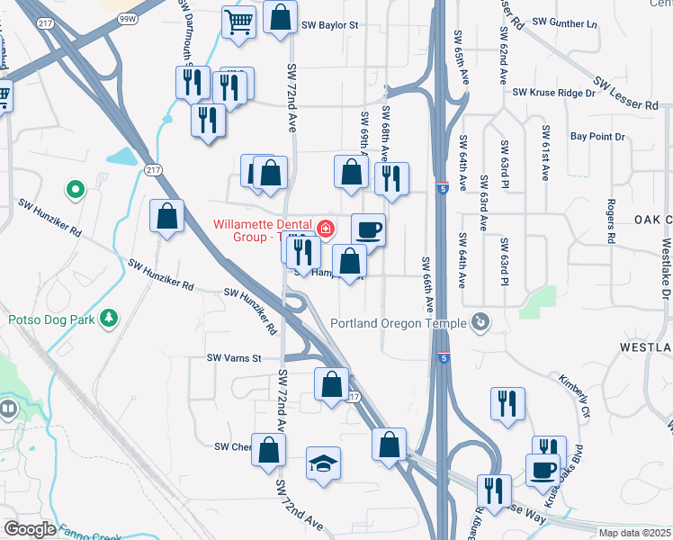 map of restaurants, bars, coffee shops, grocery stores, and more near 7007 Southwest Hampton Street in Tigard