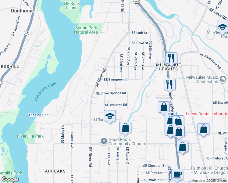 map of restaurants, bars, coffee shops, grocery stores, and more near 2111 Southeast Silver Springs Road in Milwaukie