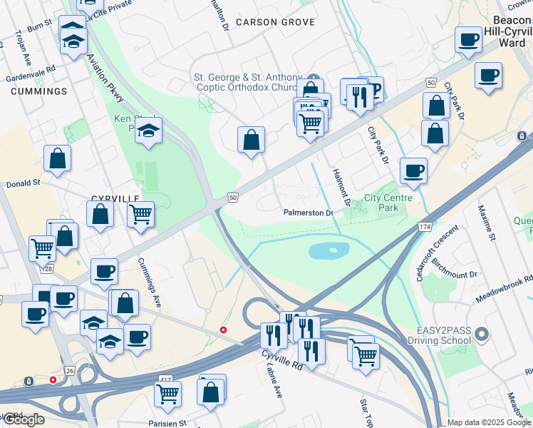 map of restaurants, bars, coffee shops, grocery stores, and more near in Ottawa