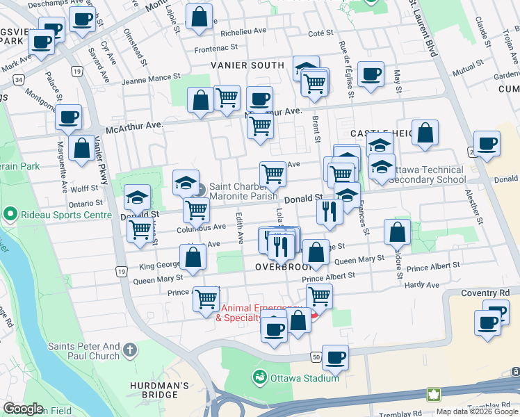 map of restaurants, bars, coffee shops, grocery stores, and more near in Ottawa