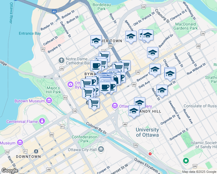map of restaurants, bars, coffee shops, grocery stores, and more near 399b Dalhousie Street in Ottawa