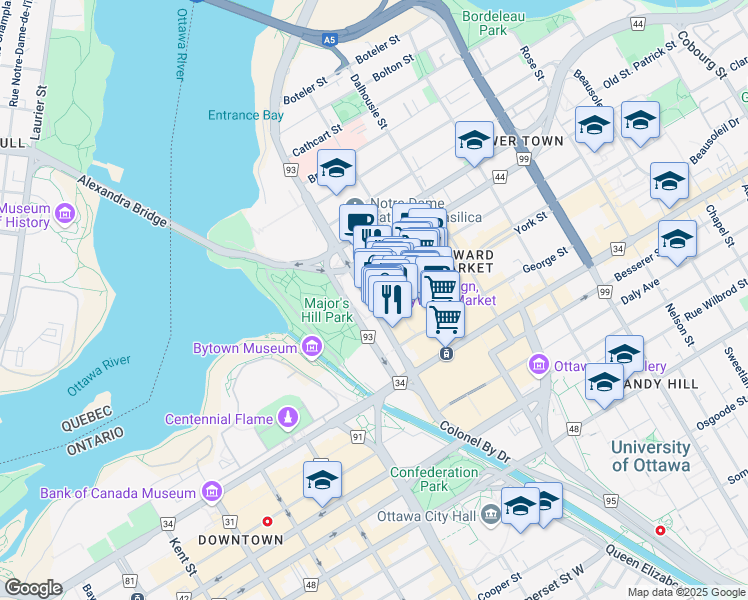 map of restaurants, bars, coffee shops, grocery stores, and more near 489 Sussex Drive in Ottawa