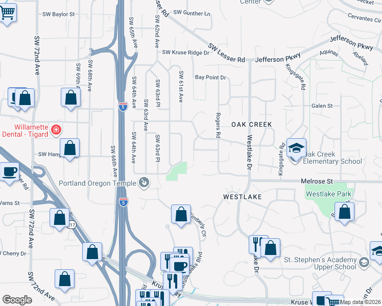 map of restaurants, bars, coffee shops, grocery stores, and more near 13616 Southwest 61st Avenue in Portland