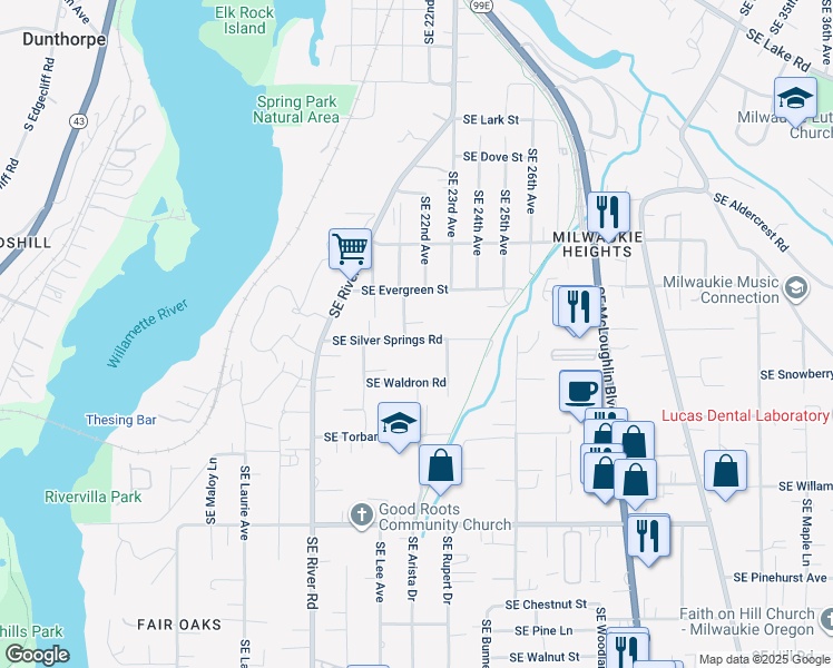 map of restaurants, bars, coffee shops, grocery stores, and more near 2111 Southeast Silver Springs Road in Milwaukie