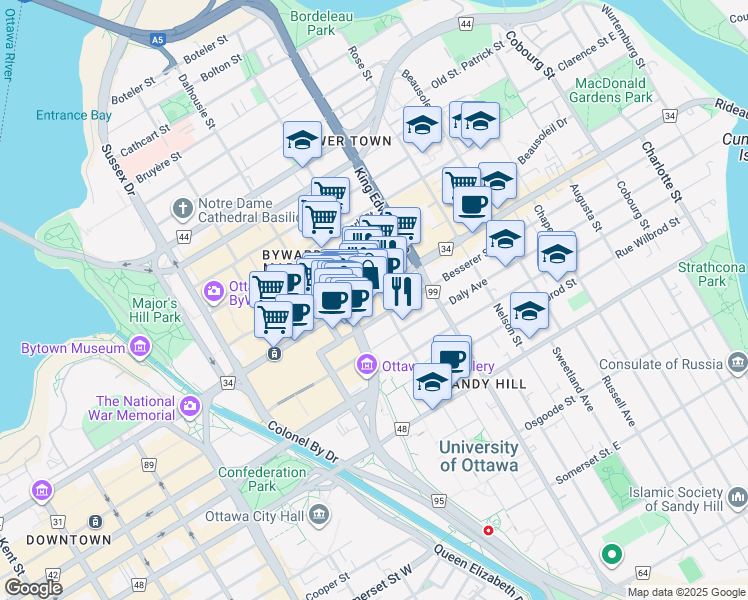 map of restaurants, bars, coffee shops, grocery stores, and more near 234 Rideau Street in Ottawa