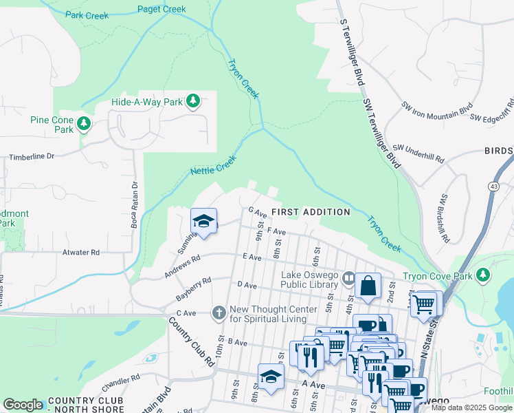 map of restaurants, bars, coffee shops, grocery stores, and more near 921 G Avenue in Lake Oswego