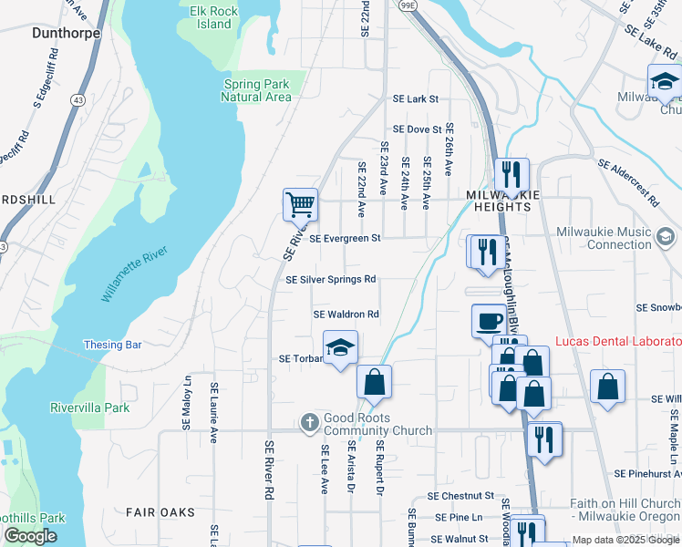 map of restaurants, bars, coffee shops, grocery stores, and more near 2111 Southeast Silver Springs Road in Milwaukie