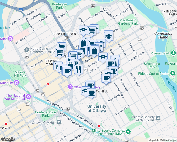 map of restaurants, bars, coffee shops, grocery stores, and more near 149 Daly Avenue in Ottawa