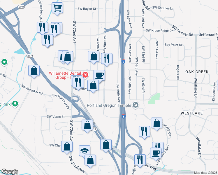 map of restaurants, bars, coffee shops, grocery stores, and more near 6752-6798 Southwest Hampton Street in Tigard