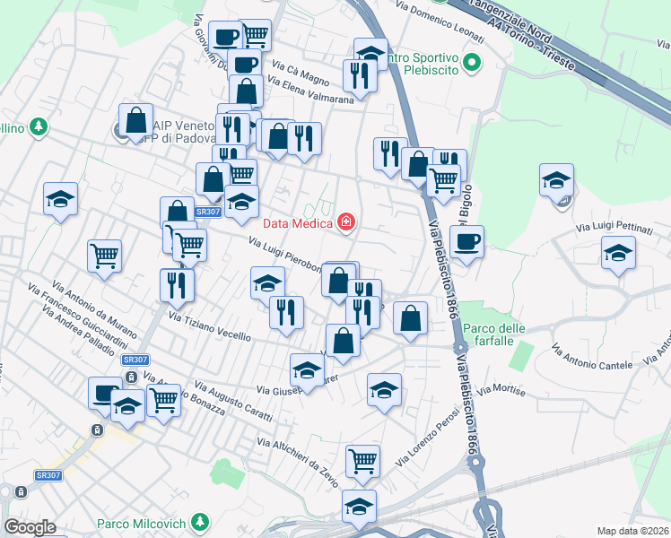 map of restaurants, bars, coffee shops, grocery stores, and more near 25 Via Luigi Pierobon in Padova
