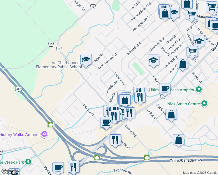 map of restaurants, bars, coffee shops, grocery stores, and more near 17 Smolkin Street in Arnprior