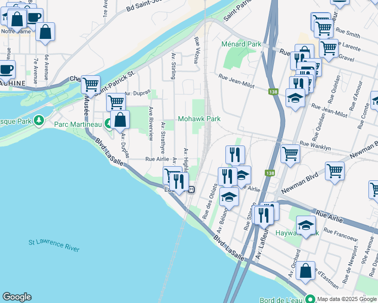 map of restaurants, bars, coffee shops, grocery stores, and more near 77 Avenue Highlands in Montréal