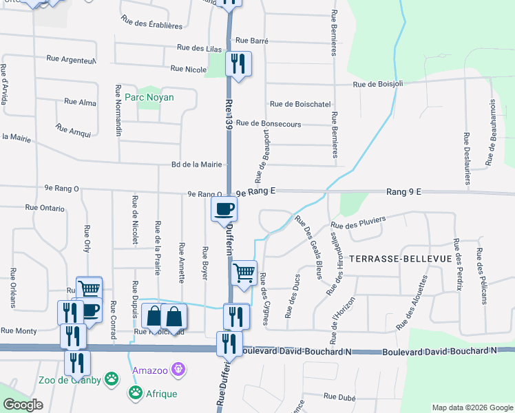 map of restaurants, bars, coffee shops, grocery stores, and more near 48 Rue des Geais Bleus in Granby