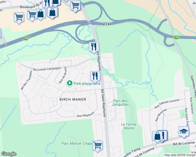 map of restaurants, bars, coffee shops, grocery stores, and more near 256 Boulevard Saint-Raymond in Gatineau