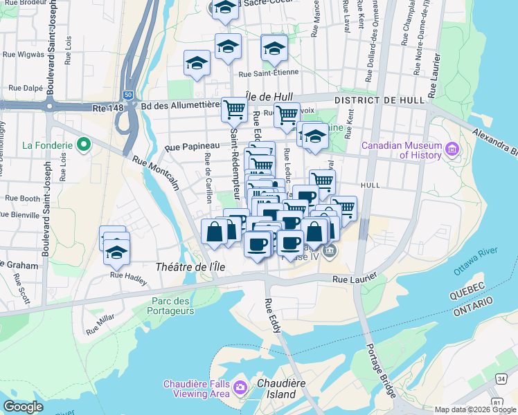 map of restaurants, bars, coffee shops, grocery stores, and more near 87 Rue Eddy in Gatineau