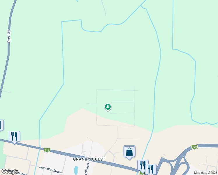 map of restaurants, bars, coffee shops, grocery stores, and more near 1292 Rue de Richmond in Granby