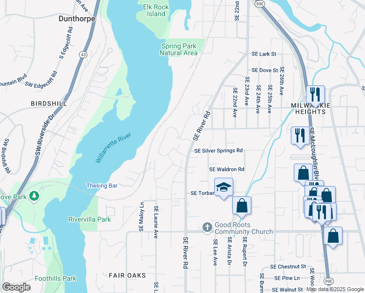 map of restaurants, bars, coffee shops, grocery stores, and more near 13215 Southeast River Road in Milwaukie