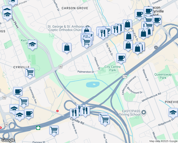 map of restaurants, bars, coffee shops, grocery stores, and more near 1442 Palmerston Drive in Ottawa