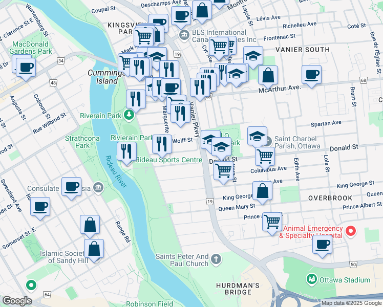 map of restaurants, bars, coffee shops, grocery stores, and more near 113 Donald Street in Ottawa