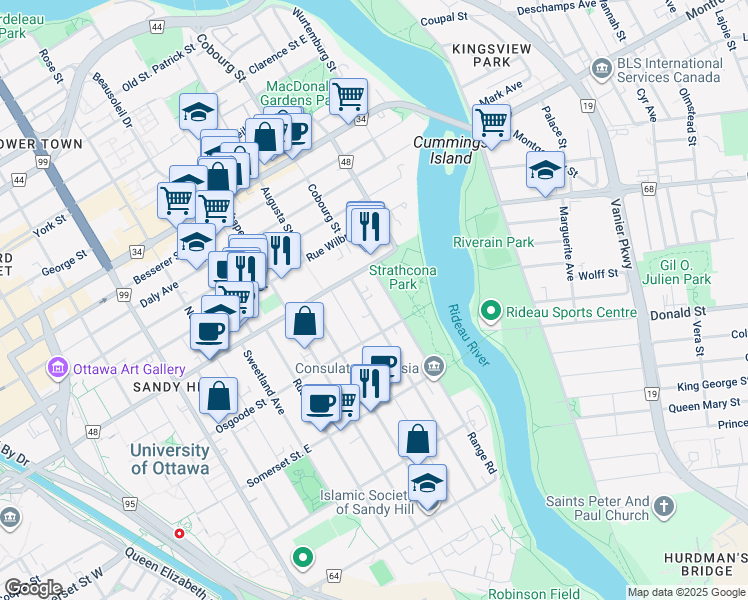 map of restaurants, bars, coffee shops, grocery stores, and more near in Ottawa