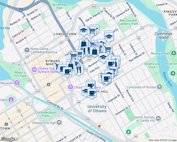 map of restaurants, bars, coffee shops, grocery stores, and more near in Ottawa