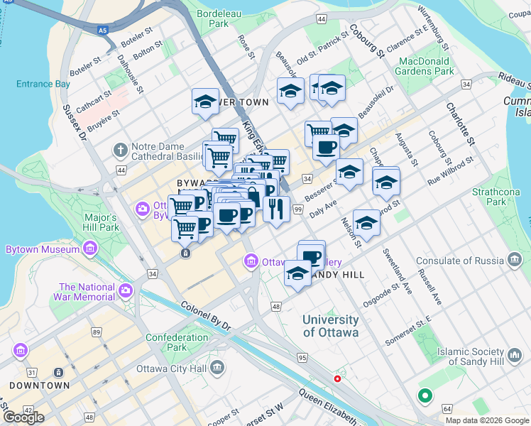 map of restaurants, bars, coffee shops, grocery stores, and more near in Ottawa