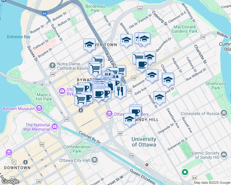 map of restaurants, bars, coffee shops, grocery stores, and more near in Ottawa