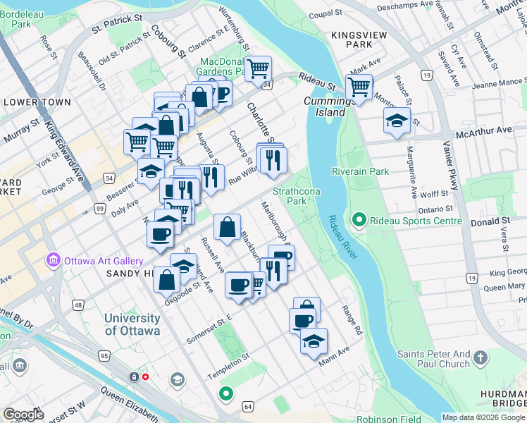 map of restaurants, bars, coffee shops, grocery stores, and more near 10 Marlborough Avenue in Ottawa