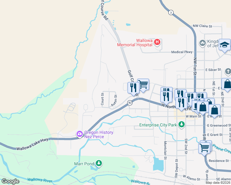 map of restaurants, bars, coffee shops, grocery stores, and more near Autim Street in Enterprise