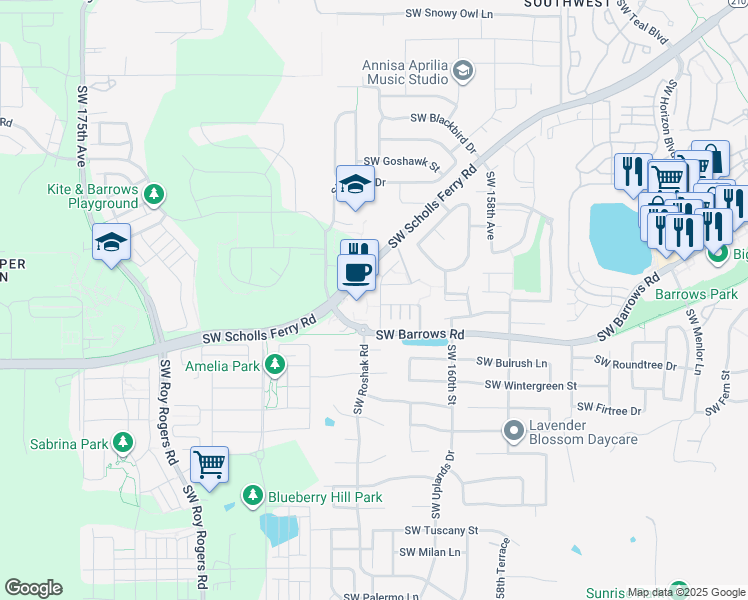 map of restaurants, bars, coffee shops, grocery stores, and more near 12675 Southwest Night Heron Lane in Beaverton