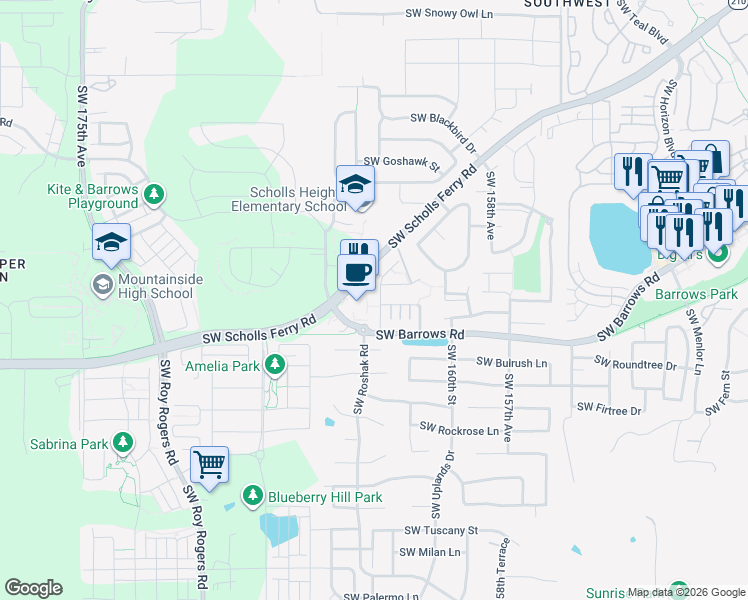 map of restaurants, bars, coffee shops, grocery stores, and more near 102 Southwest Night Heron Lane in Beaverton