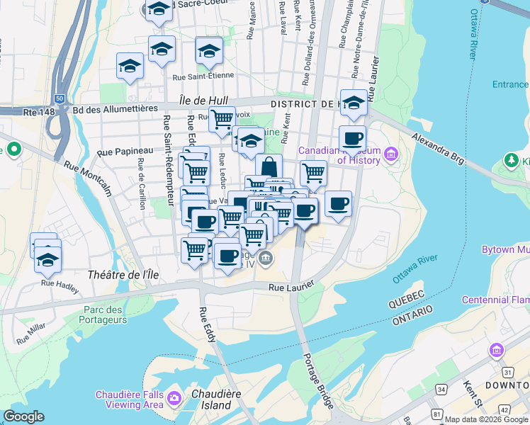 map of restaurants, bars, coffee shops, grocery stores, and more near 72 Rue Laval in Gatineau