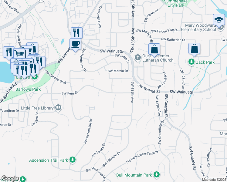 map of restaurants, bars, coffee shops, grocery stores, and more near 13720 Southwest Fern Street in Tigard