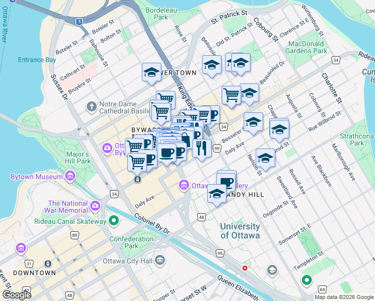 map of restaurants, bars, coffee shops, grocery stores, and more near in Ottawa