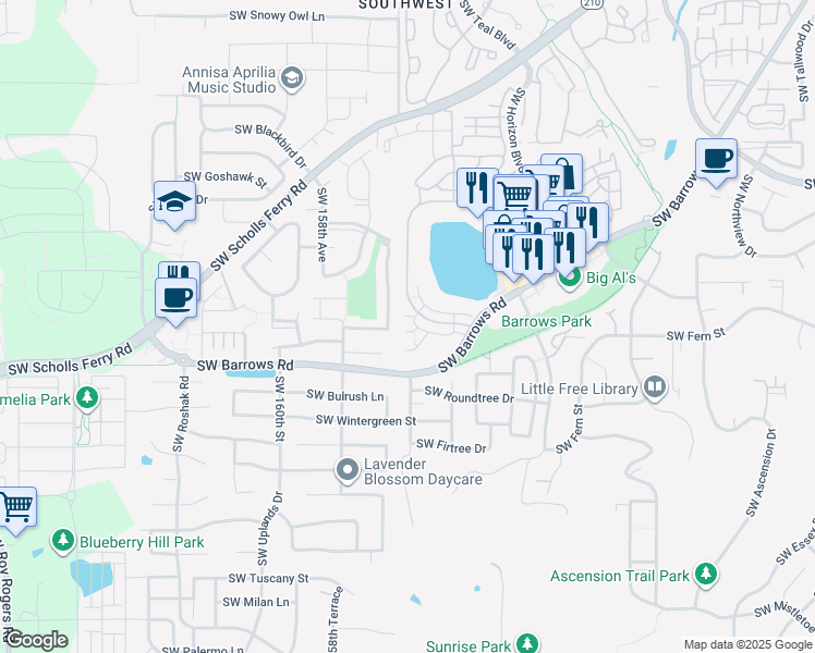 map of restaurants, bars, coffee shops, grocery stores, and more near 15462 Southwest Mallard Drive in Beaverton
