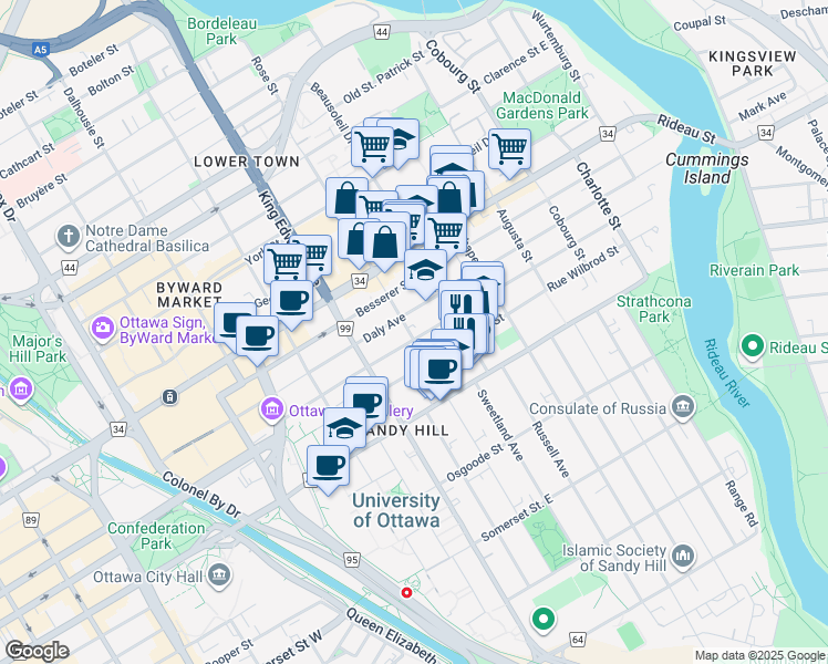map of restaurants, bars, coffee shops, grocery stores, and more near 155 Stewart Street in Ottawa