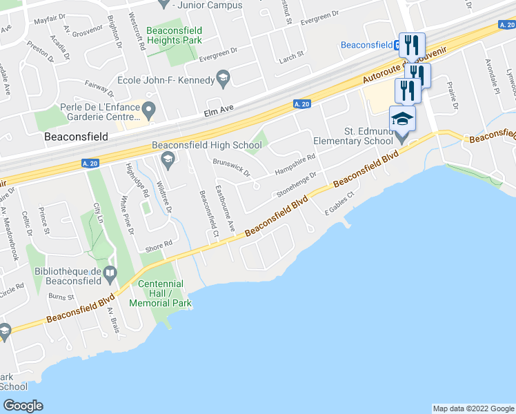 map of restaurants, bars, coffee shops, grocery stores, and more near 215 Stonehenge Drive in Beaconsfield