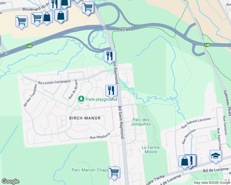 map of restaurants, bars, coffee shops, grocery stores, and more near 256 Boulevard Saint-Raymond in Gatineau