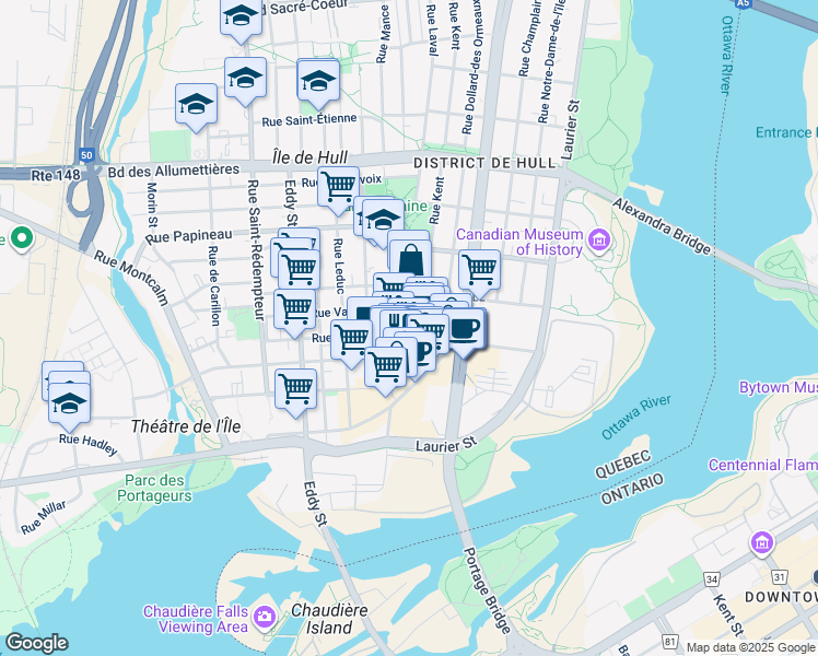 map of restaurants, bars, coffee shops, grocery stores, and more near 44 Rue Laval in Gatineau