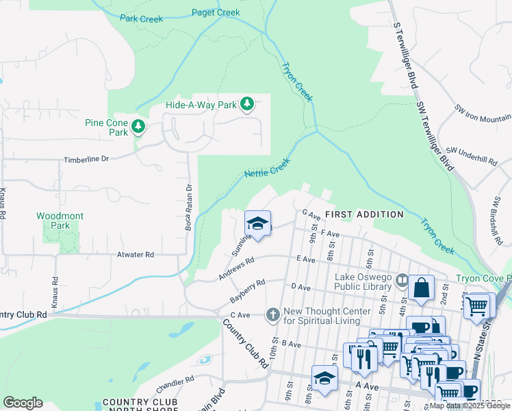 map of restaurants, bars, coffee shops, grocery stores, and more near 929 Cumberland Road in Lake Oswego