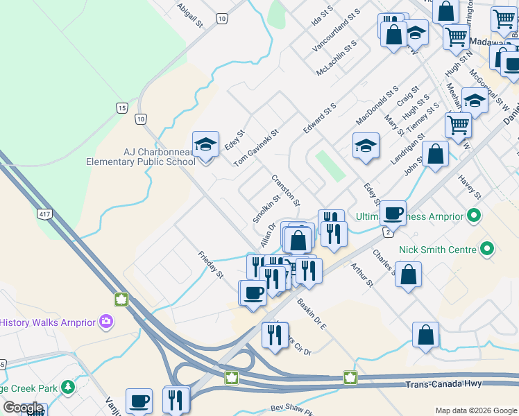 map of restaurants, bars, coffee shops, grocery stores, and more near 17 Smolkin Street in Arnprior