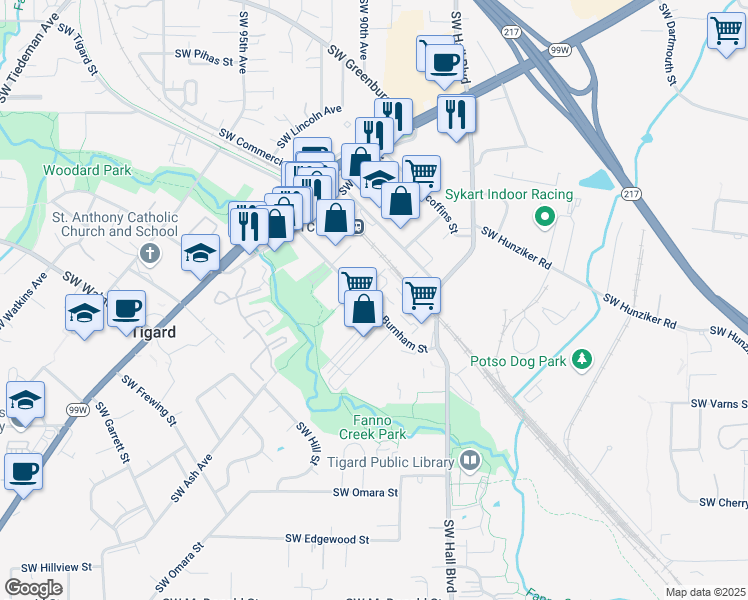 map of restaurants, bars, coffee shops, grocery stores, and more near 8965 Southwest Burnham Street in Tigard
