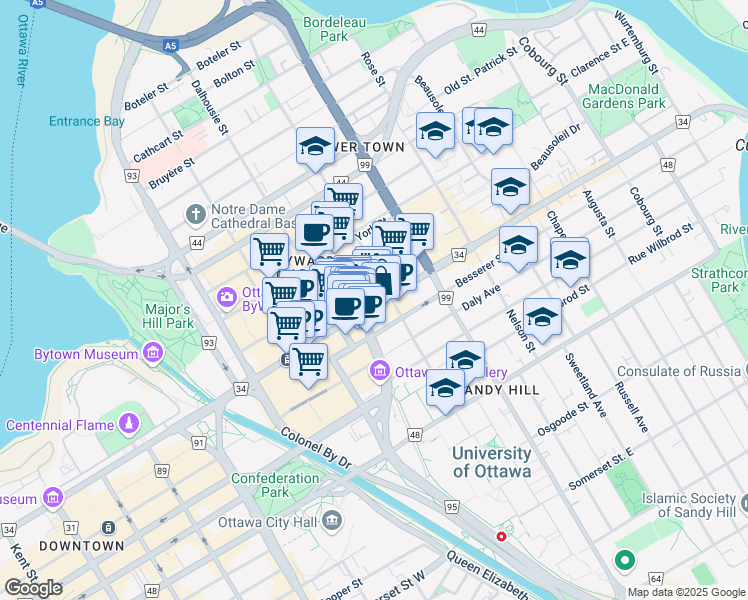 map of restaurants, bars, coffee shops, grocery stores, and more near 219 Rideau Street in Ottawa