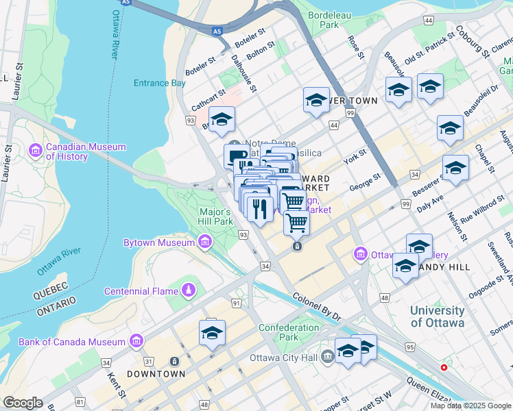 map of restaurants, bars, coffee shops, grocery stores, and more near in Ottawa