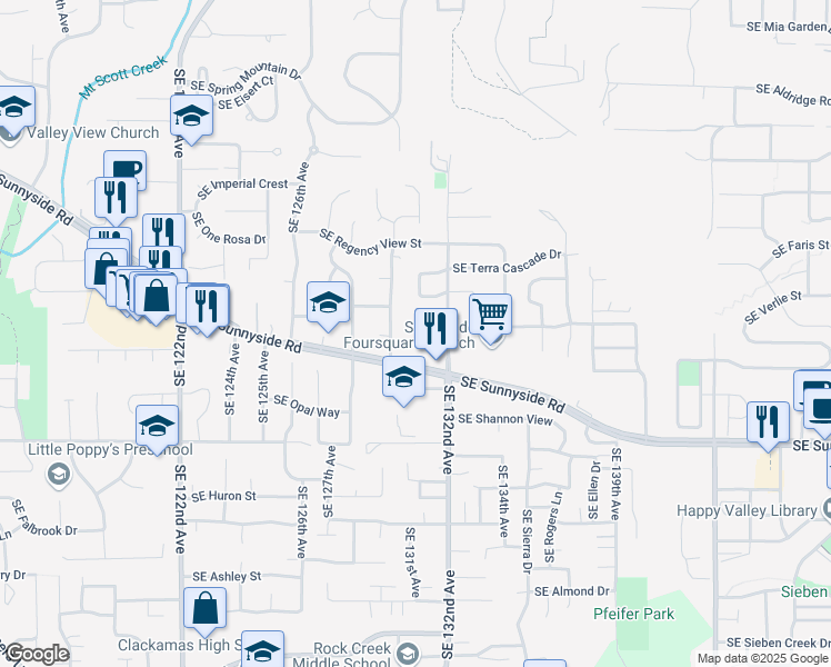 map of restaurants, bars, coffee shops, grocery stores, and more near 13047 Southeast Sunnyside Road in Happy Valley