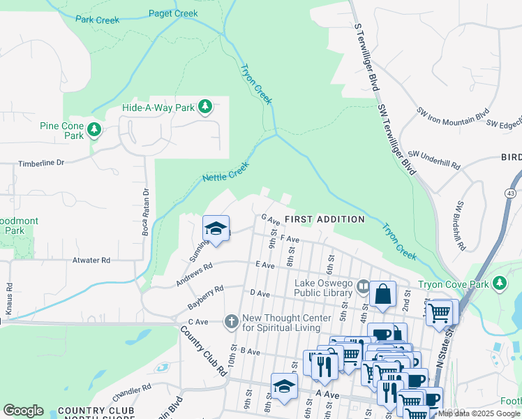 map of restaurants, bars, coffee shops, grocery stores, and more near 921 G Avenue in Lake Oswego